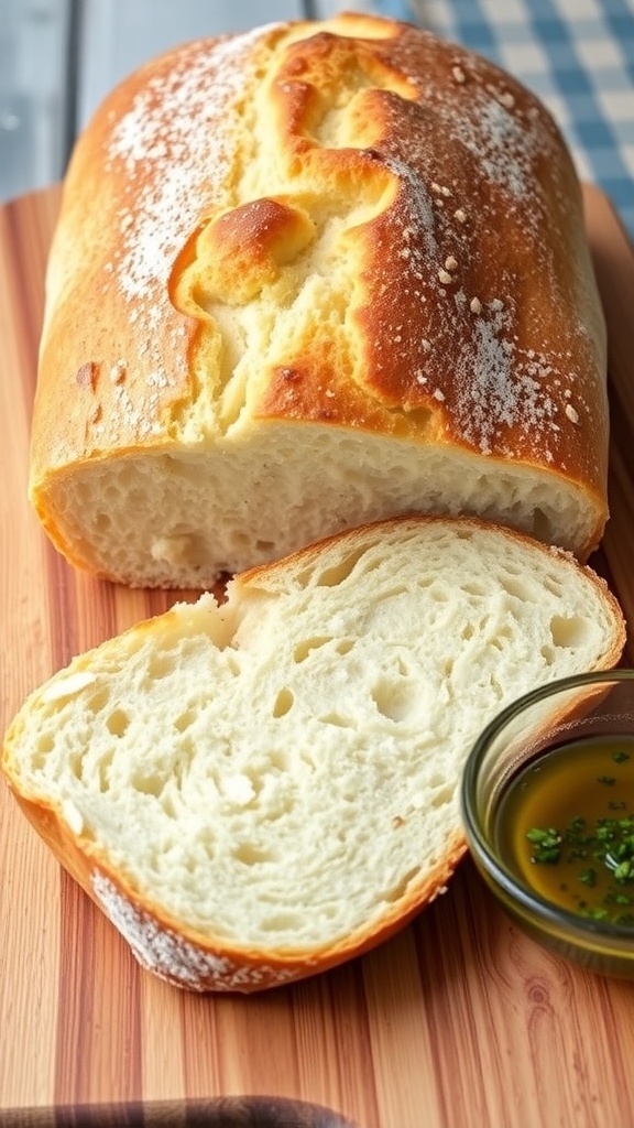 A loaf of yeast-free bread sliced on a wooden board with olive oil and herbs.